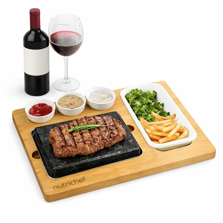 NutriChef Heisser Stein Grillplatte – Tischgrill-Set mit Bambus und Keramik Ideal für Steak und Dinn