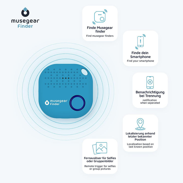 musegear Essentials: Schlüsselfinder mit Bluetooth App aus Deutschland I Special Bundle: Ledertasche