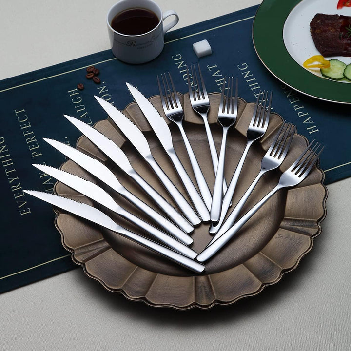Steak Besteckset 12-Teilig, Premium Edelstahl 6 Tafelgabeln und 6 Tafelmesser-Set, Steakmesser Steak