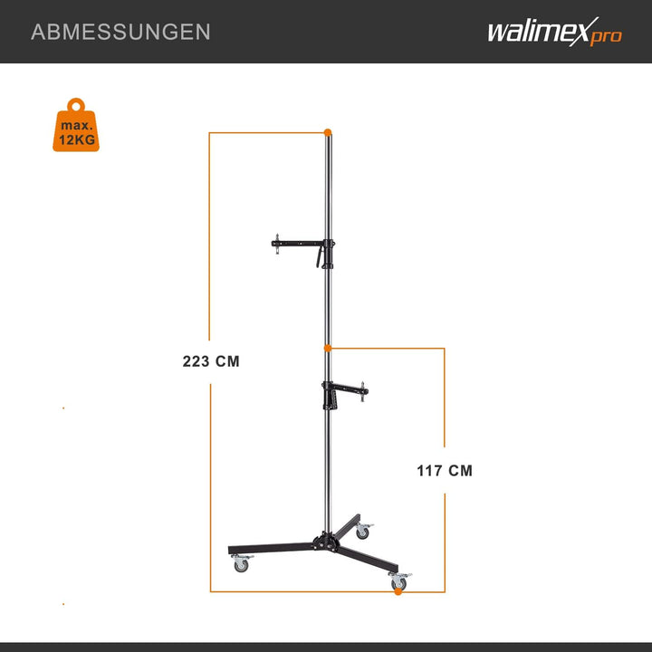 Walimex pro Rollstativ 223cm - Robustes Studiostativ mit 2 schnell verschiebbaren Klemmhaltern und s