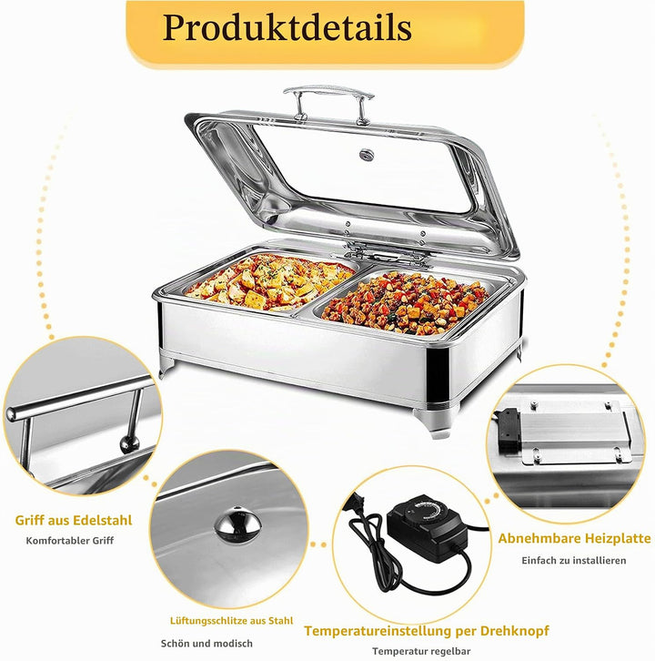 Chafing Dish Elektrisch, 9L Edelstahl Speisewärmer Buffetwärmer mit Sichtbarem Glasdeckel, Kommerzie