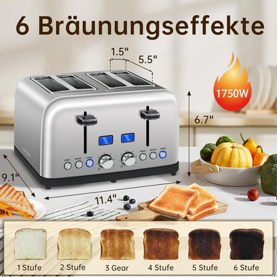 SEEDEEM Toaster 4 Scheiben, LCD-Display, 6 Farbeinstellungen Edelstahl-Toaster, 1,5'' breite Schlitz