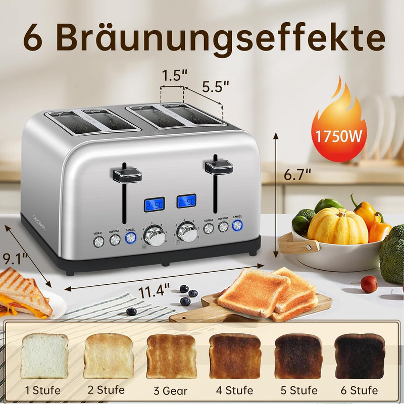 SEEDEEM Toaster 4 Scheiben, LCD-Display, 6 Farbeinstellungen Edelstahl-Toaster, 1,5&