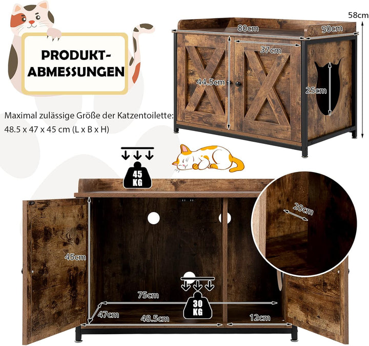 GOPLUS 2 in 1 Katzenschrank, Katzenklo mit Doppeltüren, verstellbaren Füsse und Katzenlöchern, verst
