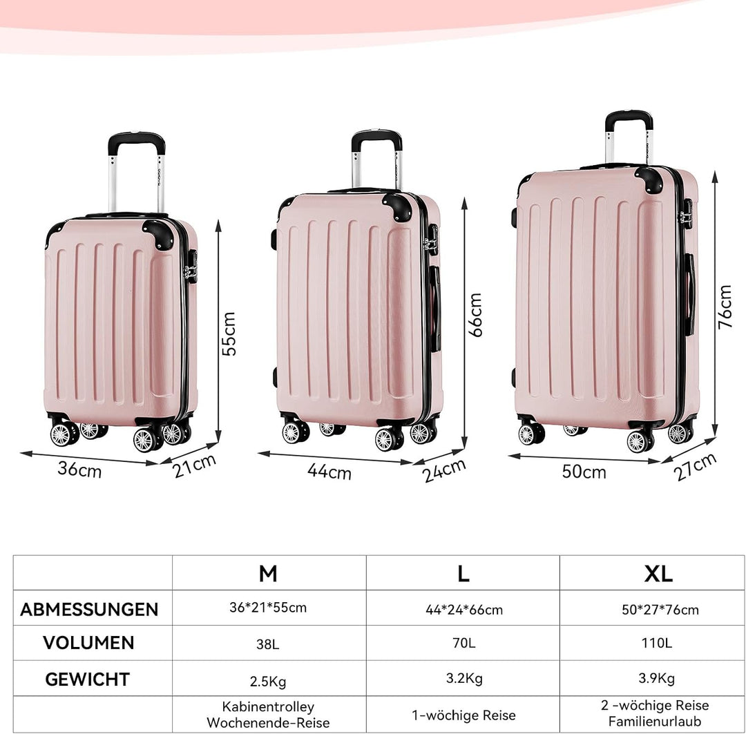 BEIBYE Zwillingsrollen Hardcase Reisekoffer Koffer Trolleys Hartschale in XL-L-M in 20 Farben (Rosag