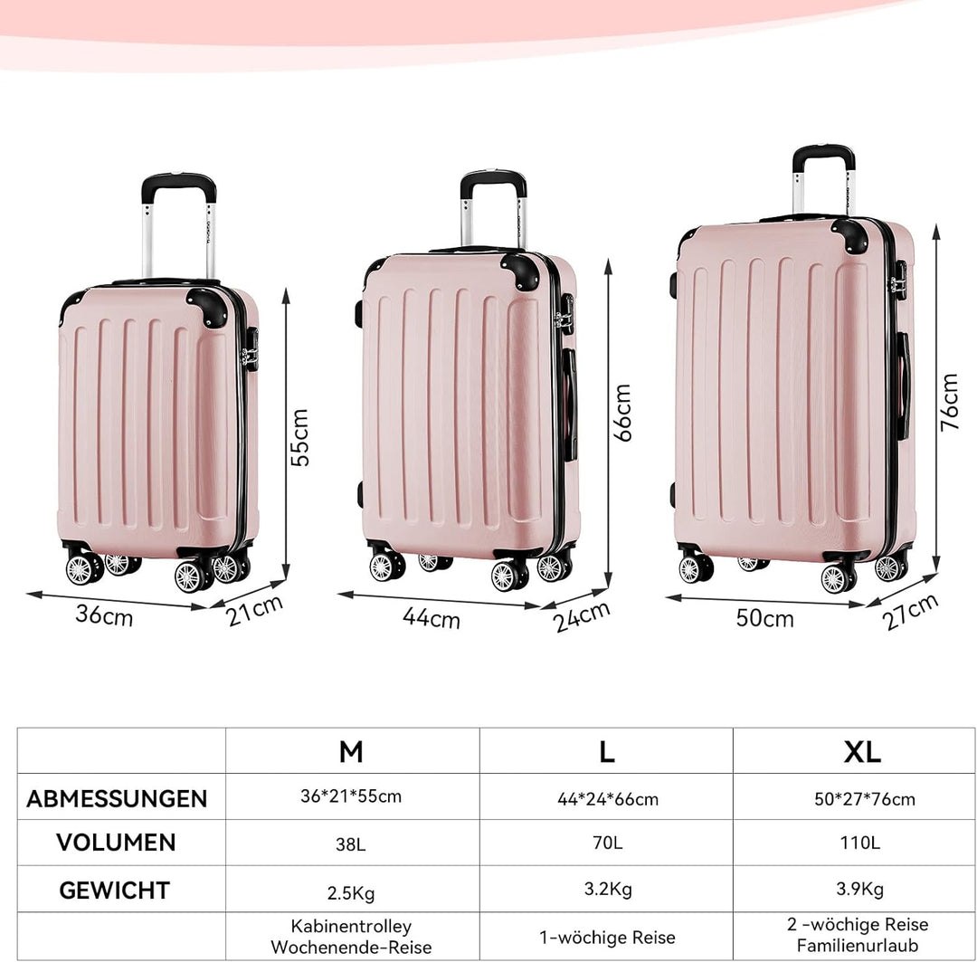 BEIBYE 2045 Zwillingsrollen 3tlg. Reisekoffer Koffer Kofferset Trolleys Hartschale in 14 Farben (Ros