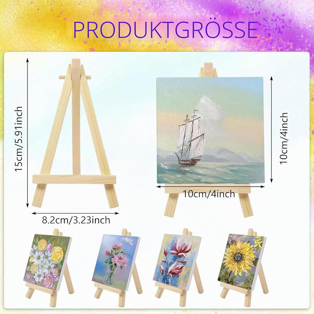 20 Stück Mini Leinwand mit Staffelei, 10 x 10 cm Mini Leinwände, 8 x 15 cm Staffelei Holz, Kleine Le
