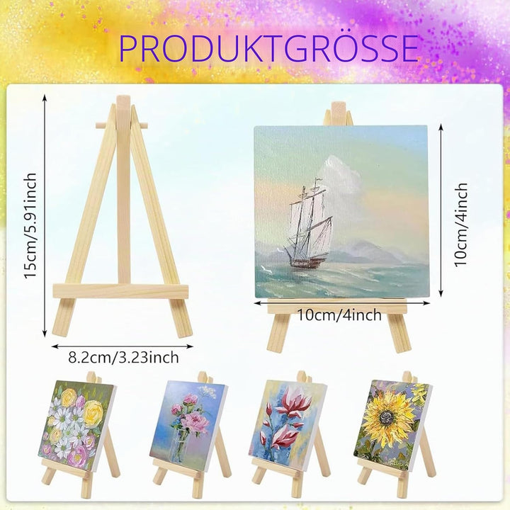 20 Stück Mini Leinwand mit Staffelei, 10 x 10 cm Mini Leinwände, 8 x 15 cm Staffelei Holz, Kleine Le