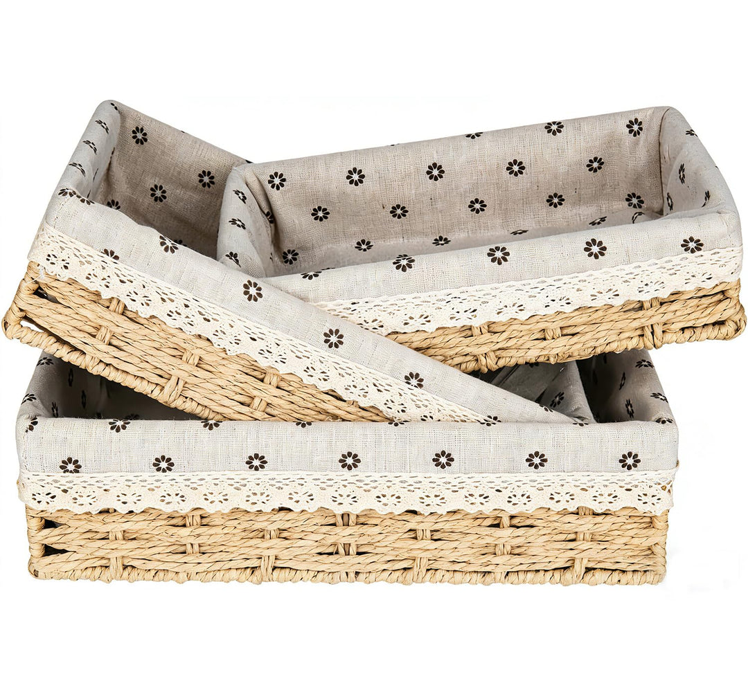 Gross Brotkorb 3er Set (35,31,27CM) Eckige Brotkörbchen aus Seegras, Geflochtener Korb mit Baumwolle
