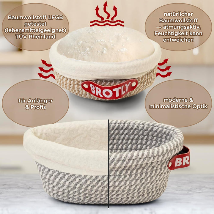 BROTLY - Gärkörbchen Set – Baumwolle rund & oval, lebensmittelecht TÜV geprüft, inkl. gratis Rezept