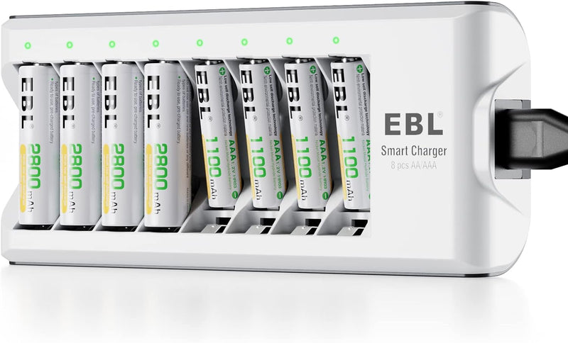 EBL Akku Ladegerät mit 4 AA Akku + 4 AAA Akku, Ladegerät für wiederaufladbare Batterien AA AAA NI-MH