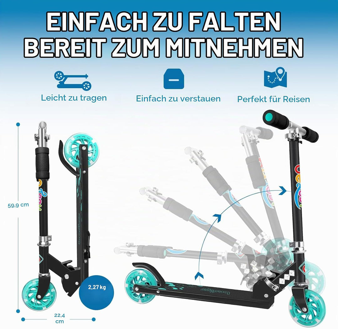 BELEEV Roller Kinder 2 Räder, Klappbar Kinderroller für Mädchen Jungen, Tretroller mit LED Leuchtend