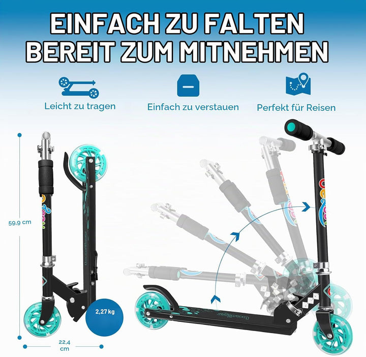 BELEEV Roller Kinder 2 Räder, Klappbar Kinderroller für Mädchen Jungen, Tretroller mit LED Leuchtend