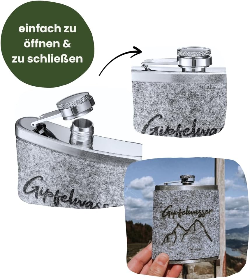 Gipfelgaudi Flachmann mit Filzüberzug & Lasergravur – 200 ml Edelstahl Taschenflasche | Stilvoller B