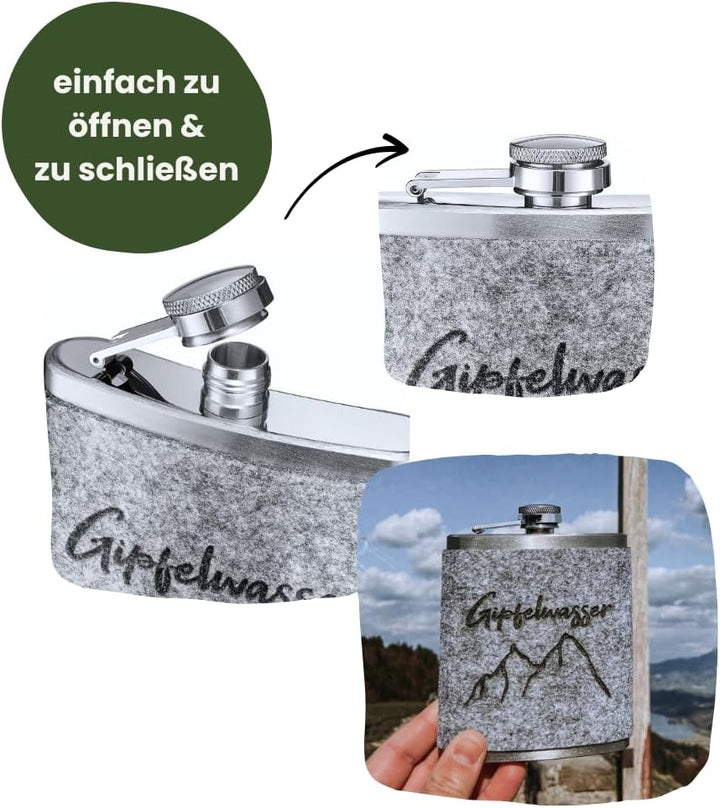 Gipfelgaudi Flachmann mit Filzüberzug & Lasergravur – 200 ml Edelstahl Taschenflasche | Stilvoller B