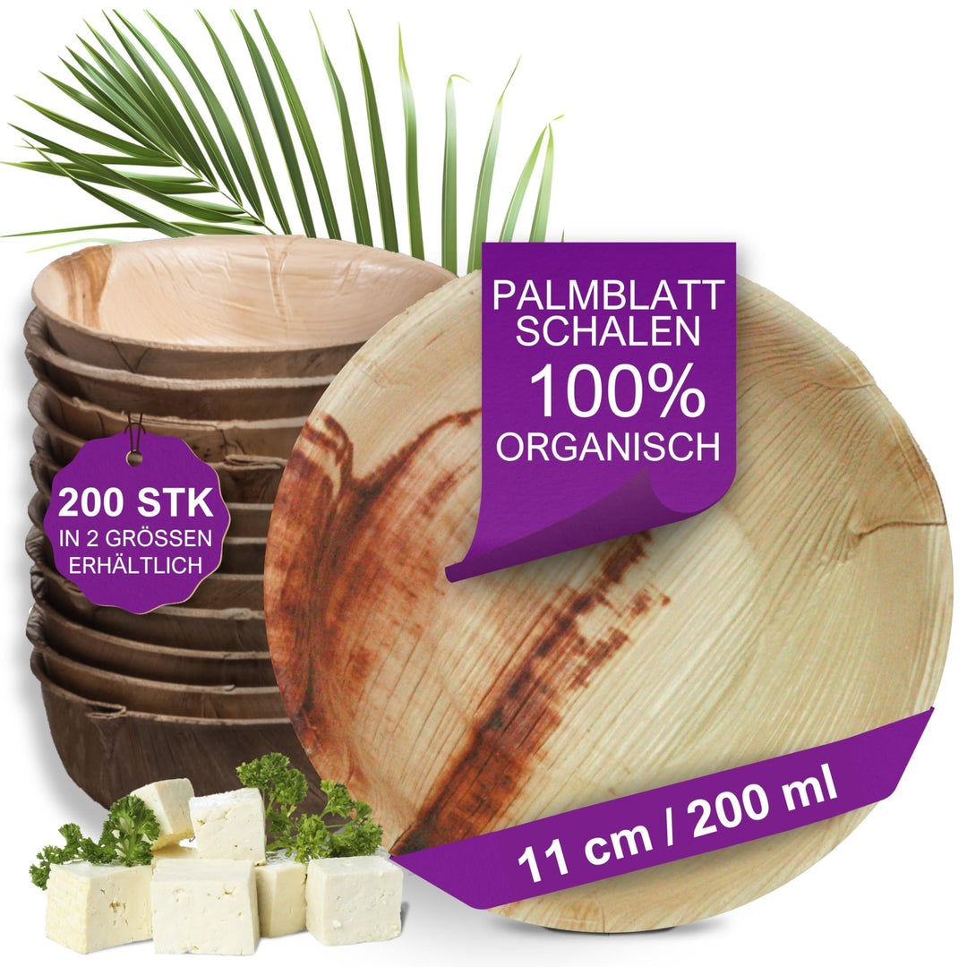 Waipur Bio Palmblatt Schalen - 200 Schalen Ø 11 cm / 200 ml - Premium Einweg Geschirr kompostierbar