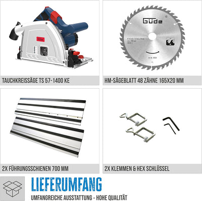 Güde 58232 Tauchkreissäge TS 57-1400 KE Set (1400 W, Sägeblatt-Ø 165 mm, Paralleler Tauchmechanismus