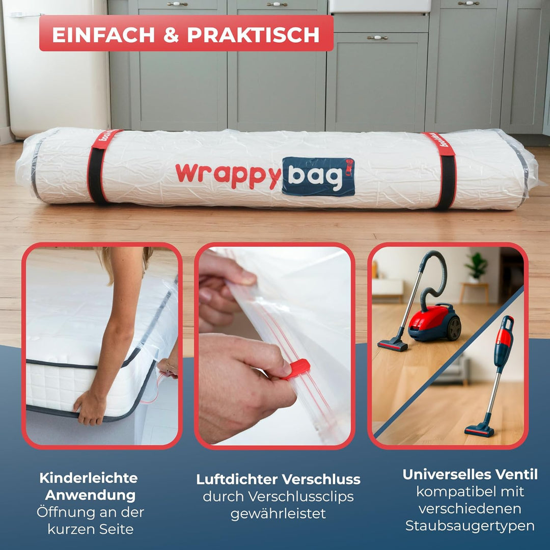 Wrappybag – Vakuumbeutel für Matratzen 160x200 – Komplett-Set mit wiederverwendbarer, wasserdichter