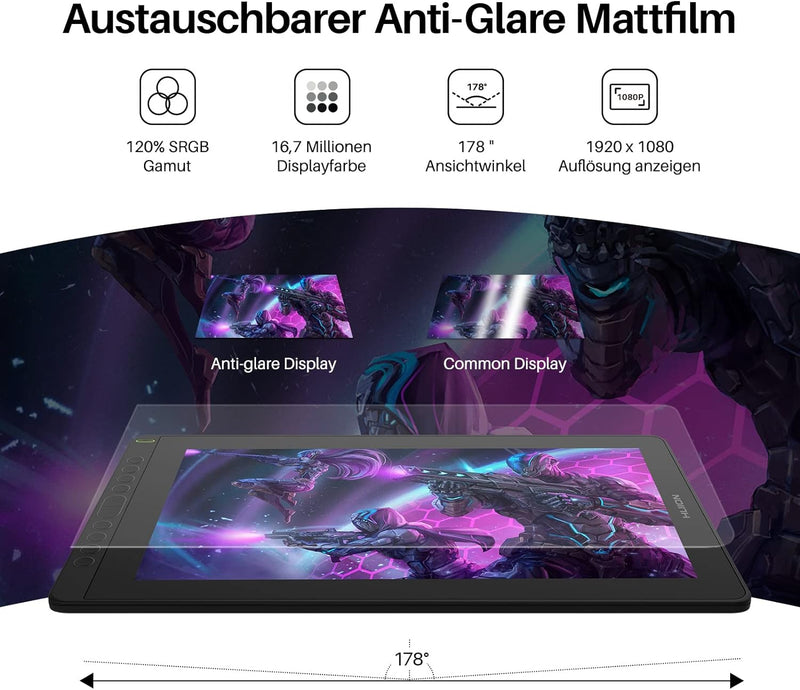 HUION Kamvas 16 Grafiktablett mit Display,15,6-Zoll Volllaminatbildschirm Pen Display, 10 programmie