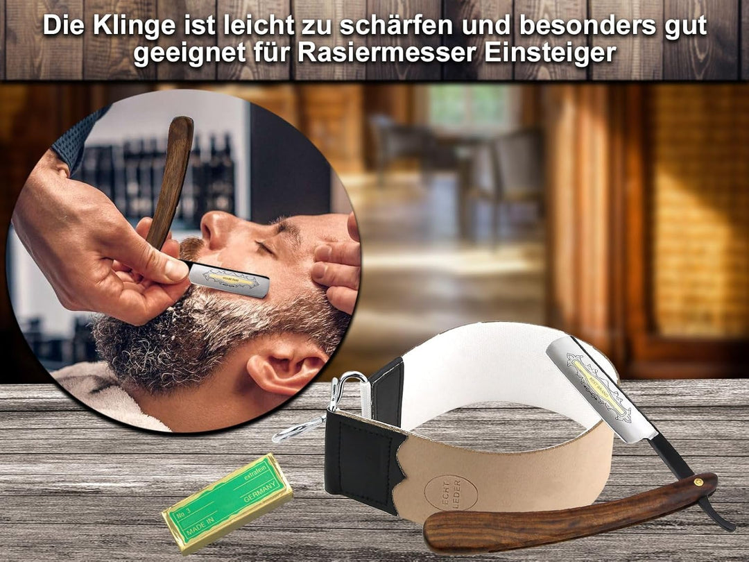 Rasiermesser-Set Rasier Set Herren Rasiermesser Holz Griff Goldätzung Schwarze Klinge mit Paste aus