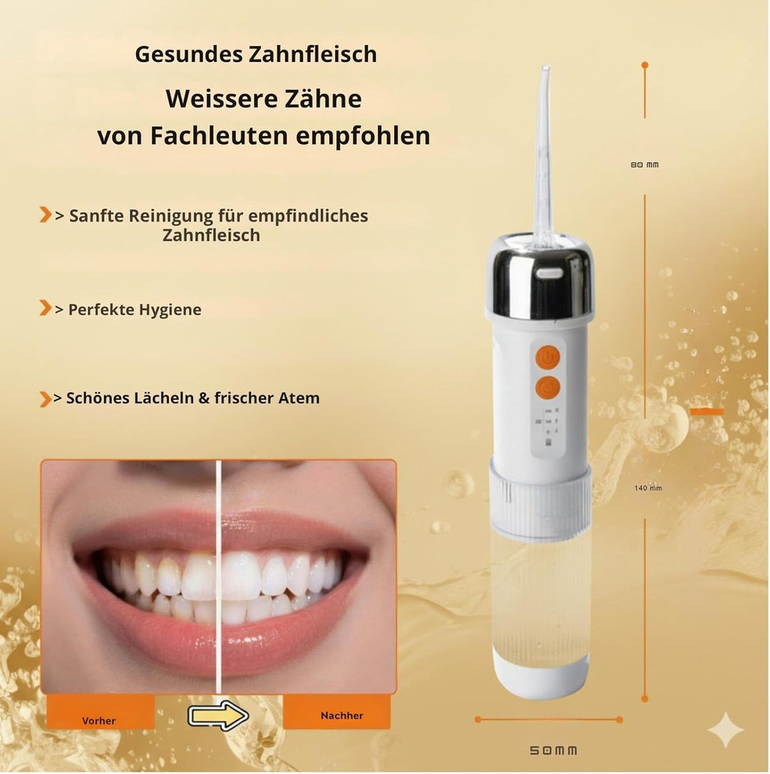 Munddusche IPX7, 250ml Tank, 5 Düsen, USB-C, 4 Leistungsmodi 35–140PSI mit Speicherfunktion, 45Tage