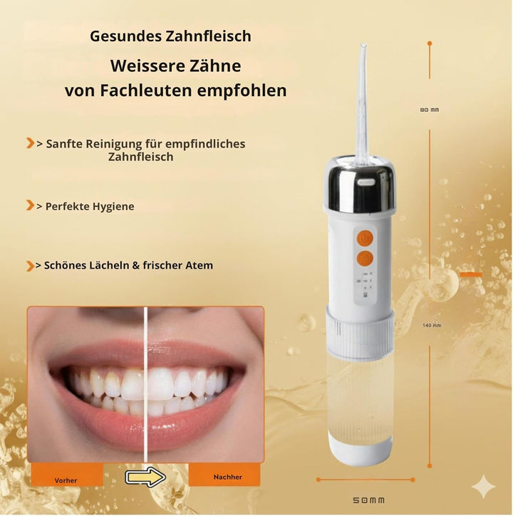 Munddusche IPX7, 250ml Tank, 5 Düsen, USB-C, 4 Leistungsmodi 35–140PSI mit Speicherfunktion, 45Tage