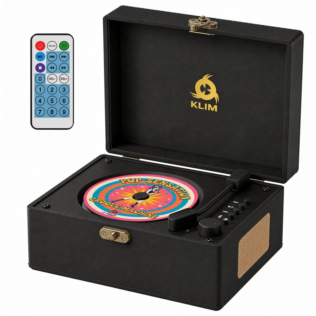 KLIM Retro CD Player – Tragbarer CD-Player mit Lautsprecher, Bluetooth-Empfänger, AUX, USB, Akku, Re