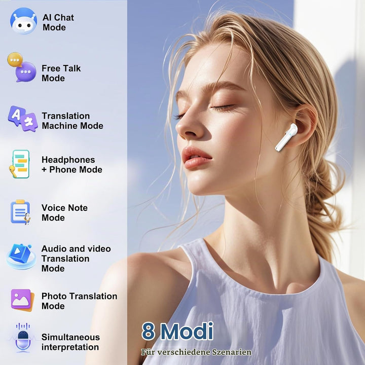 OYIB KI Übersetzer Kopfhörer, Simultanübersetzung, 165 Sprachen/8 Modi Weiss | 3-in-1 Sprachübersetz