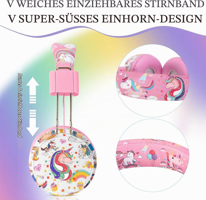 JYPS Bluetooth Kopfhörer Kinder, Einhorn Kopfhörer Kabellos Kinder mit Kabel und Mikrofon, Kids Head