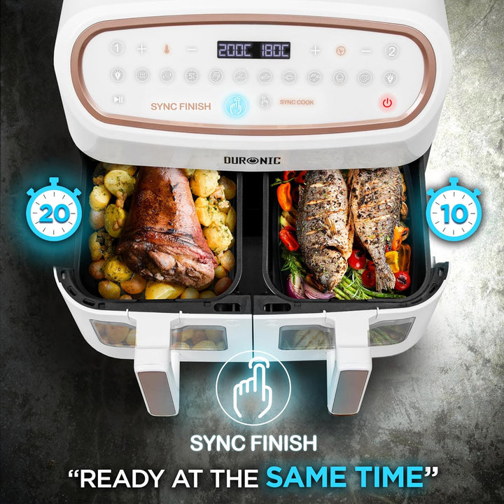 Duronic AF34 WE XXL Heissluftfritteuse, 10L Airfryer mit 2 Kammern, Doppel-Fritteuse ohne Öl, HLF Ai