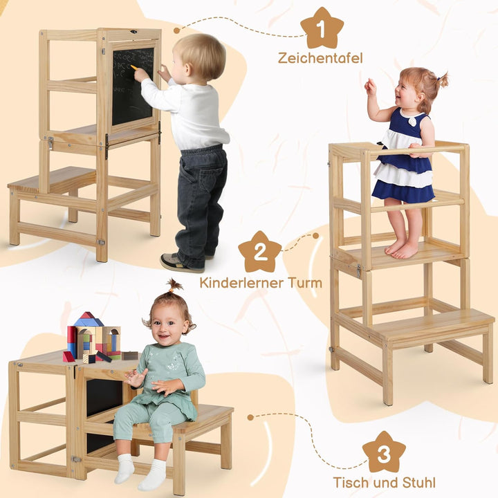 LEADZM Montessori Lernturm ab 18 Monaten - Lernstuhl für Kinder aus Massivholz, Klappbarer Lernturm,
