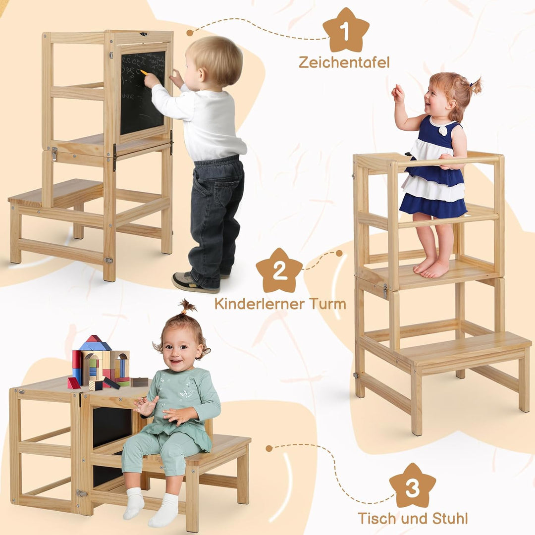 LALAHO Lernturm ab 1 Jahr，Tritthocker Holz，Lernturm Klappbar mit rutschfeste Matte，Montessori Inspir