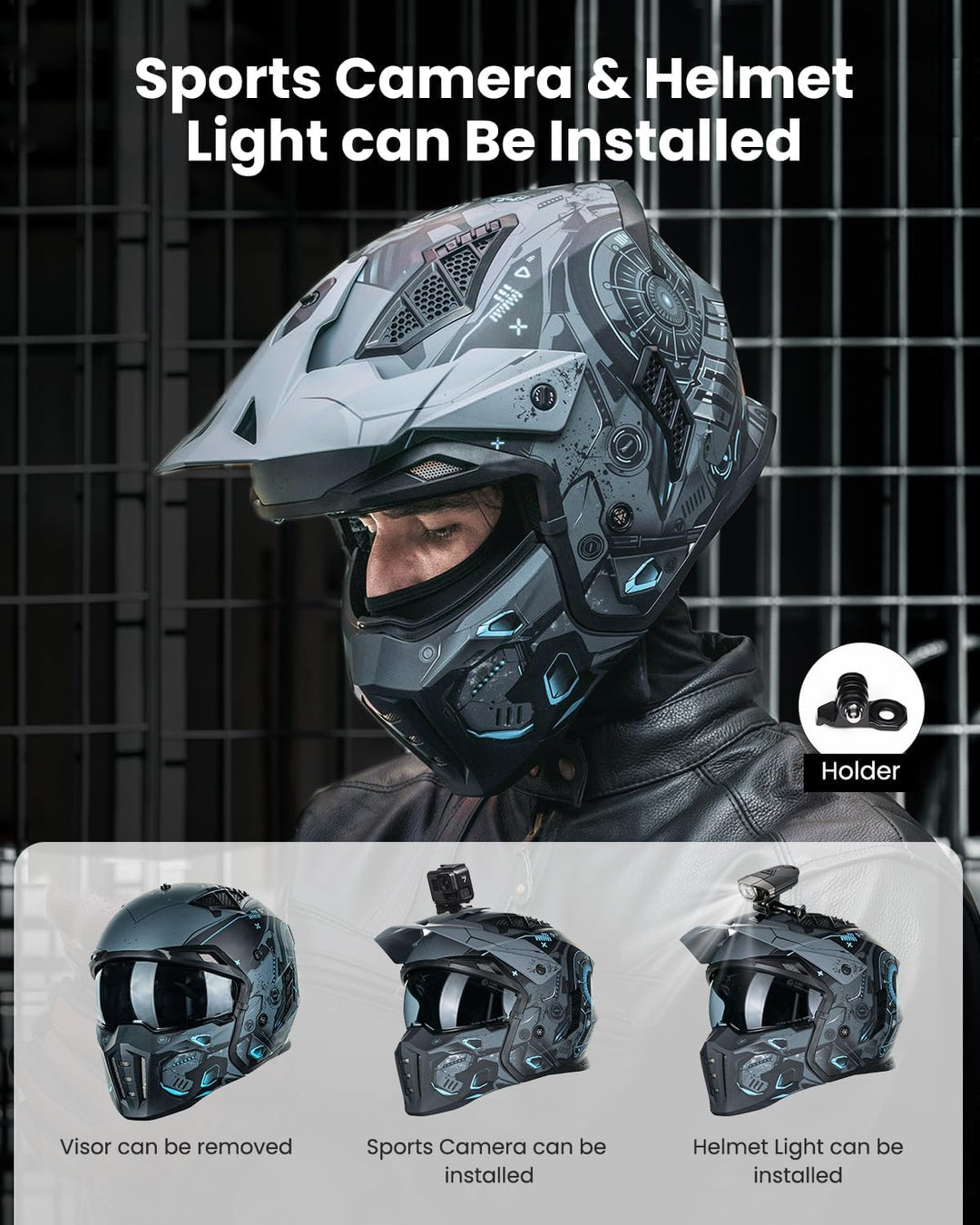 ILM Helm Motorrad Motocross Herren Damen Vintage Retro mit Visier ECE Model Z302,SciFiBlau,XL XL Sci