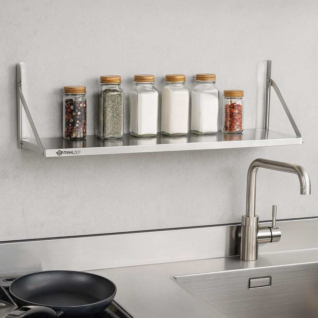 Mahlzeit Edelstahl Wandregal | 150 x 30 cm | Hängeregal, Klappbar | Silber | Ablage Edelstahl Regal