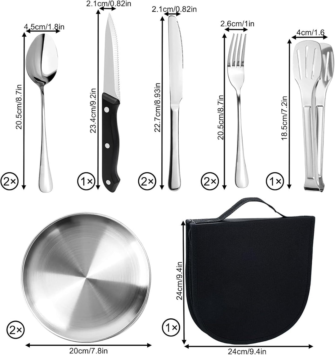 Camping Geschirr Set für 2 Personen, 10 Stück Tragbars Campingbesteck Set aus Edelstahl für Picknick