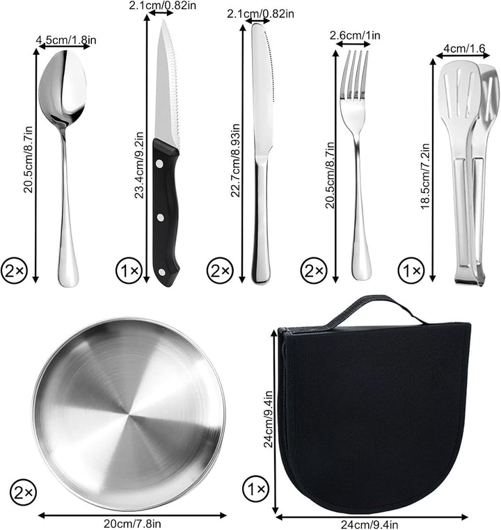 Camping Geschirr Set für 2 Personen, 10 Stück Tragbars Campingbesteck Set aus Edelstahl für Picknick