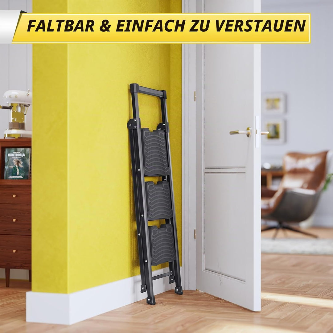 KINGRACK Trittleiter 3 Stufen klappbar mit Traglast von 400 KG, mit Nicht-entschlüpfbarem, Leichter