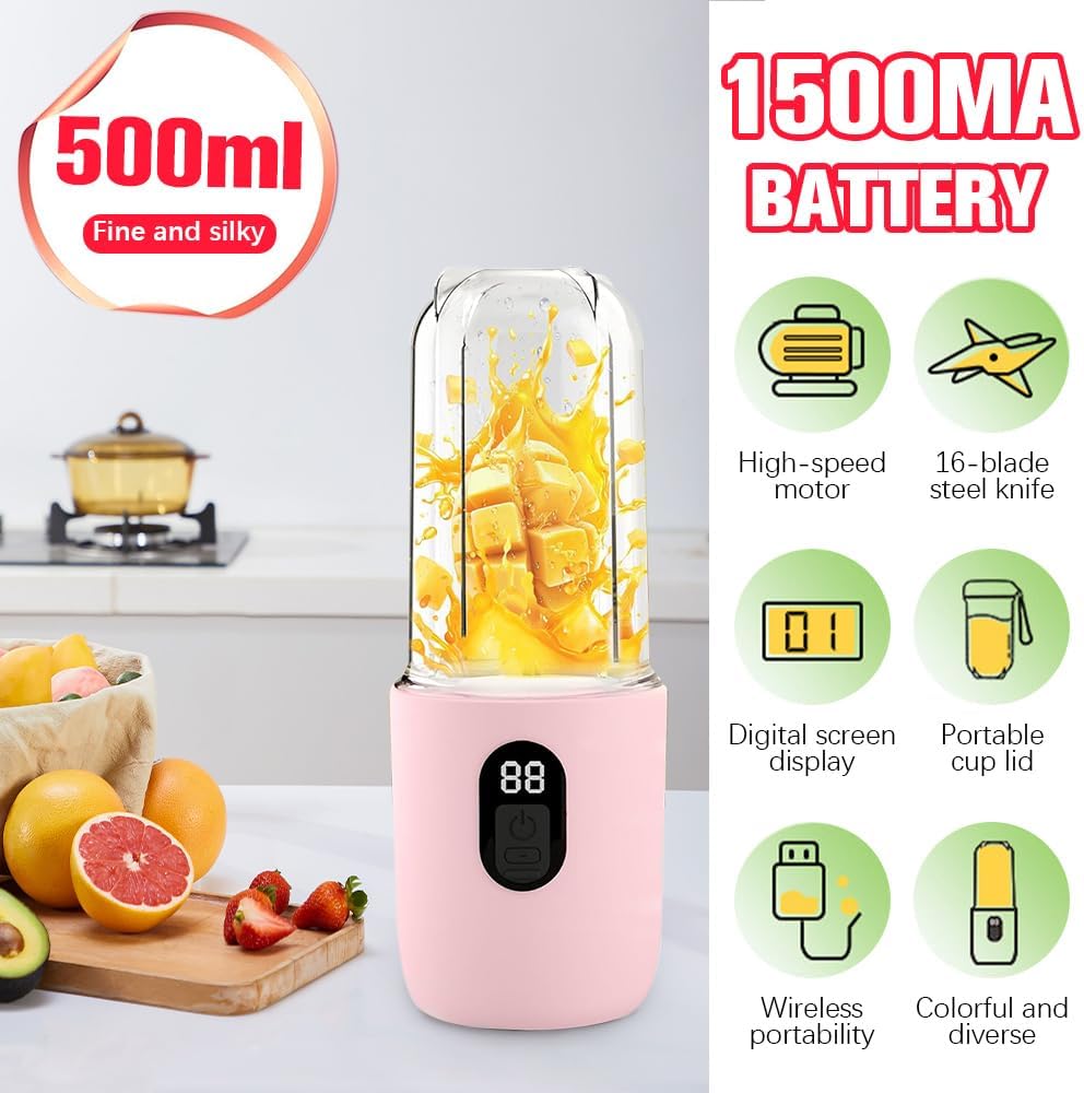 Tragbarer Mixer Smoothie Maker, 500 ml Mixer Smoothie Maker to Go mit Digitalanzeige, 16-Blatt, USB