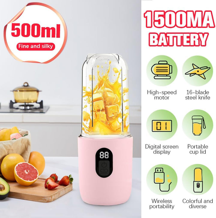 Tragbarer Mixer Smoothie Maker, 500 ml Mixer Smoothie Maker to Go mit Digitalanzeige, 16-Blatt, USB