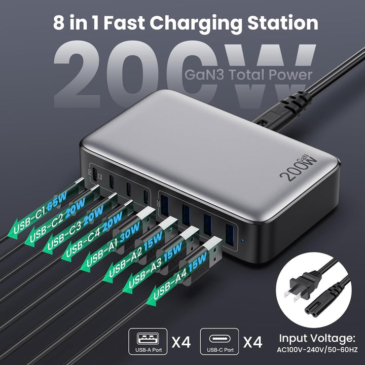 USB C Ladegerät 8-Port Charger Adapter Handy Ladestation 200W USB Netzteil mit 4*USB-C 4*USB-A-Ladep