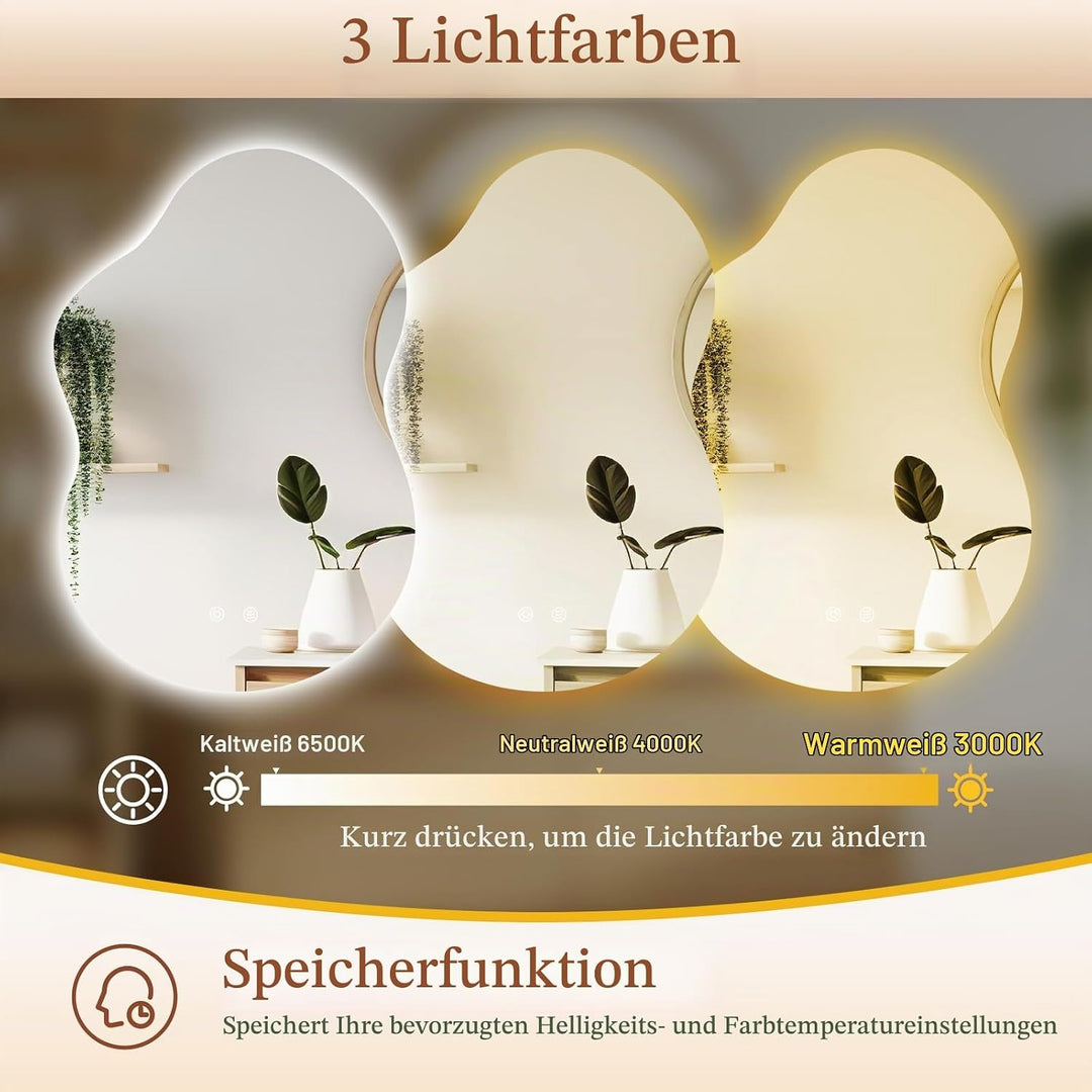 Clevich Badspiegel mit Beleuchtung Asymmetrisch 90×60 cm, LED Spiegel mit 3 Lichtfarben dimmbar, geh