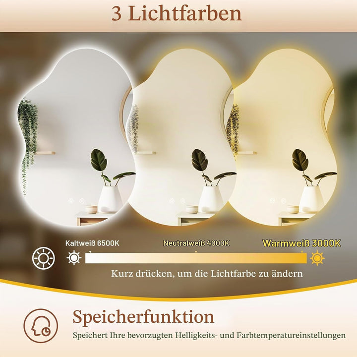 Clevich Badspiegel mit Beleuchtung Asymmetrisch 90×60 cm, LED Spiegel mit 3 Lichtfarben dimmbar, geh