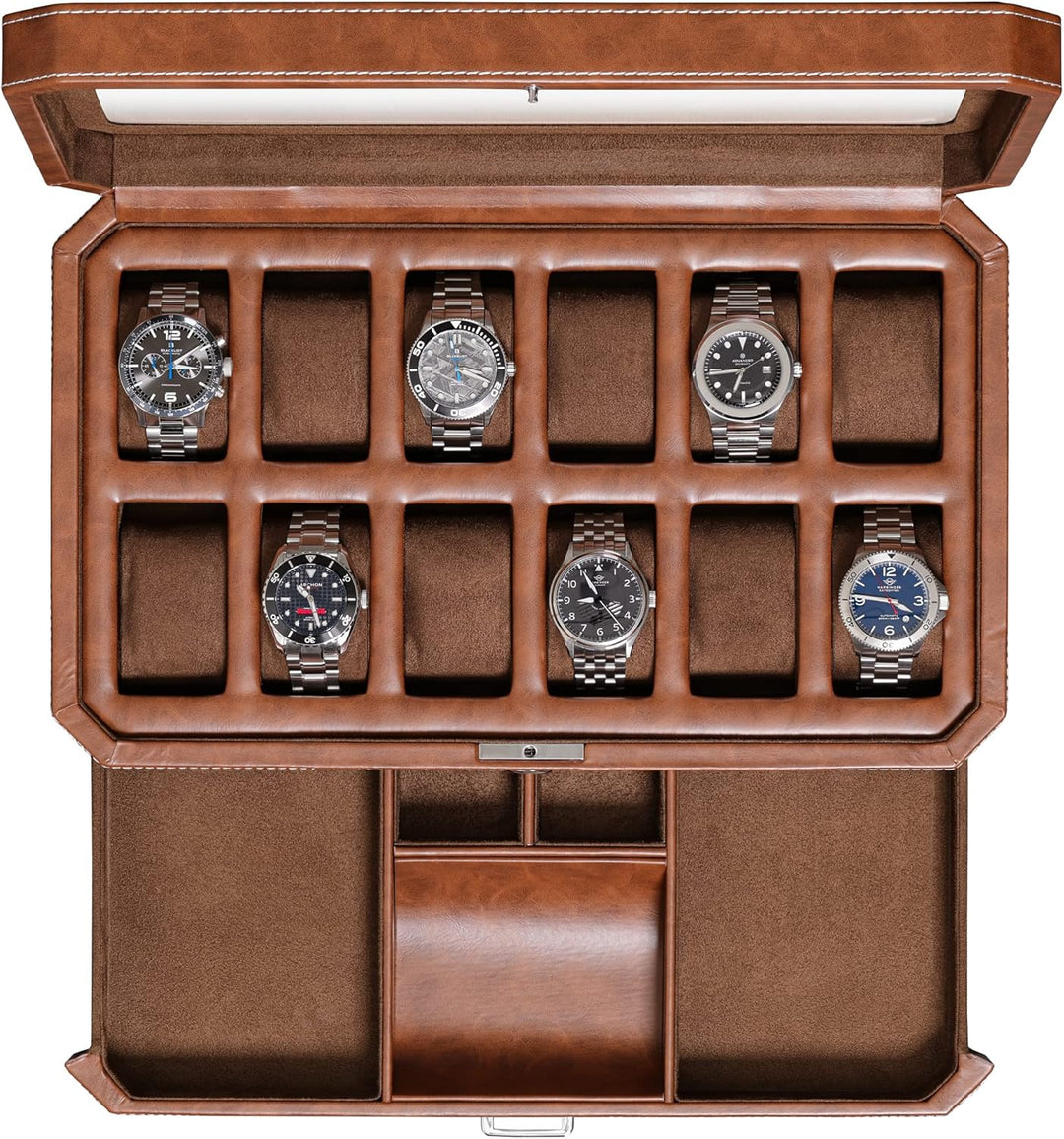 ROTHWELL 12-Fach-Leder-Uhrenbox mit Valet-Schublade – 12-Fach-Luxus-Uhrenetui, Display-Organizer, Mi