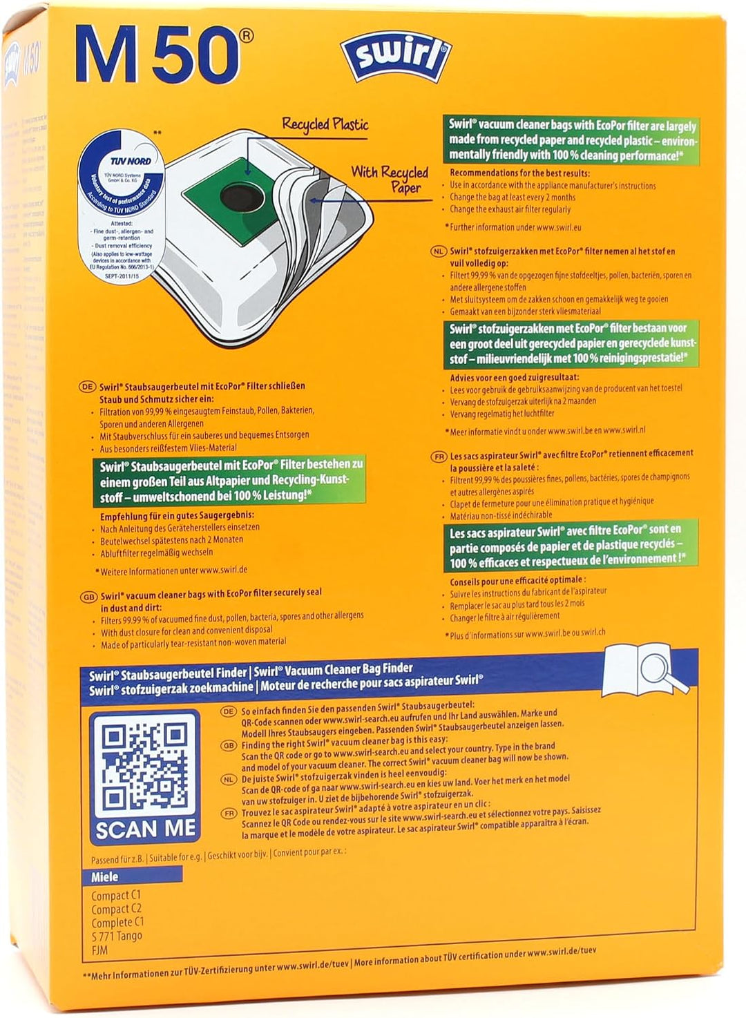 PakTrade 4 Original Swirl M50 - M 50 Staubsaugerbeutel | kompatibel mit Miele SDRP3, SDRP4, SEAC0, S