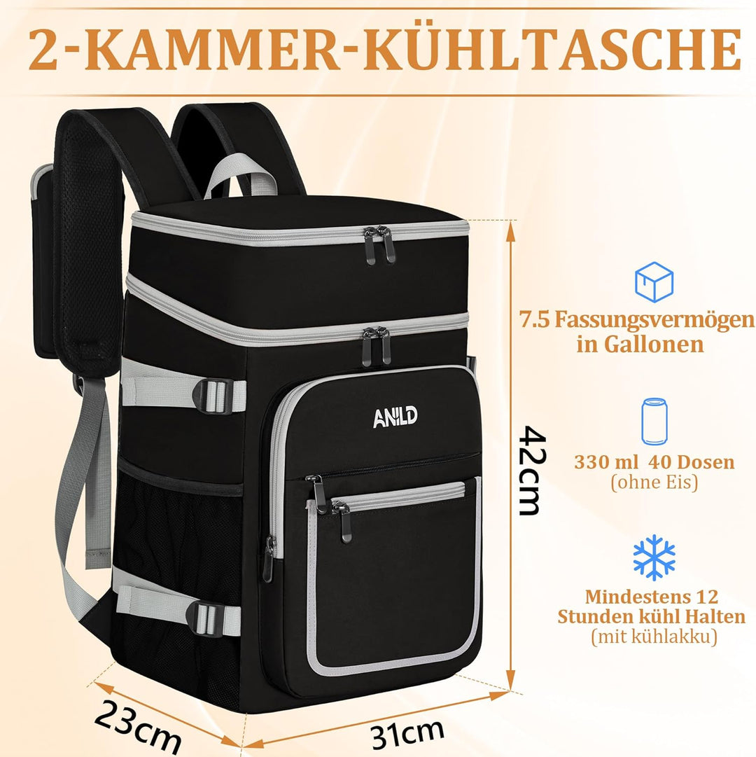 40 Dosen Isolierter Kühlrucksack 30L, Thermo Rucksack Gross, Auslaufsichere wasserdichte Picknickruc