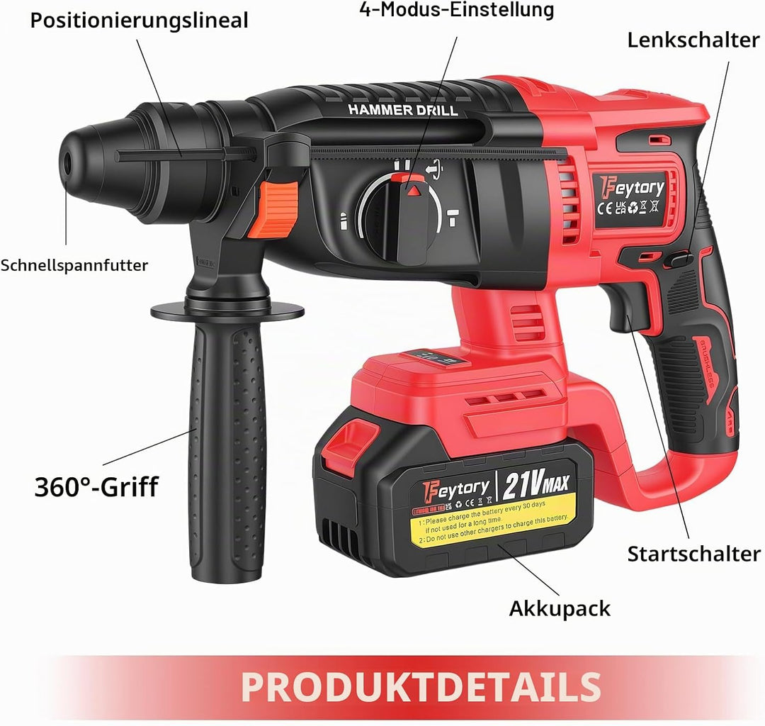 21V Akku Bohrhammer Set mit 2 Batteries & Ladegerät, 0-1000 U/min, 26mm Bohrkapazität, Kabelloser Mu