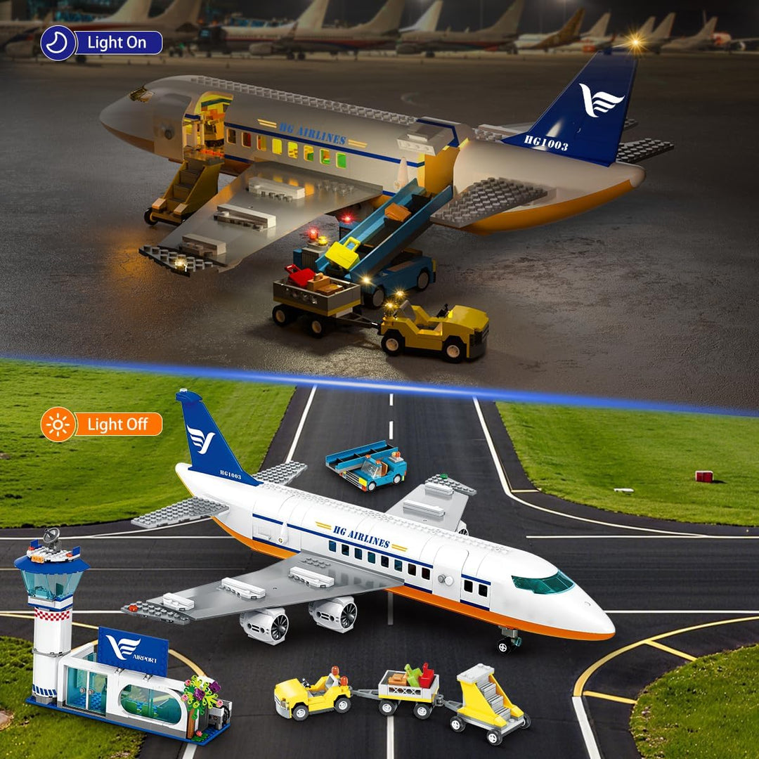 901PCS Flughafen Bauspielzeug | Grosses City Passagierflugzeug Bauset mit LED-Licht, 2 Gepäckwagen,
