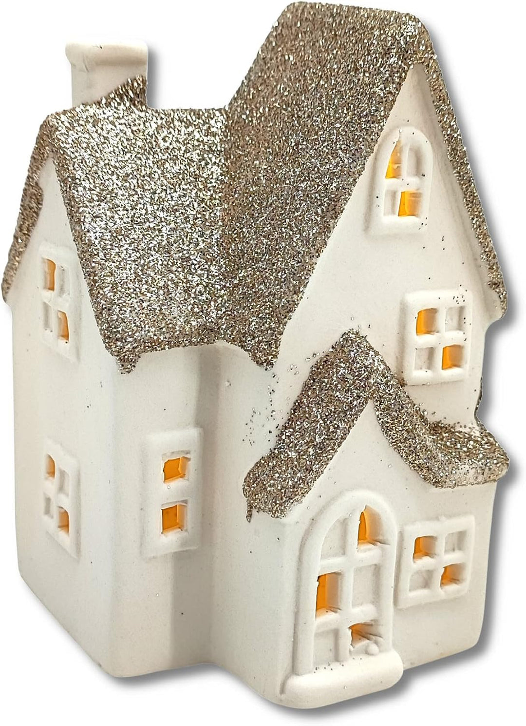 DARO DEKO Keramik LED Haus - Lichthaus Gold Glitzer 2er Set, Gold Glitzer 2er Set
