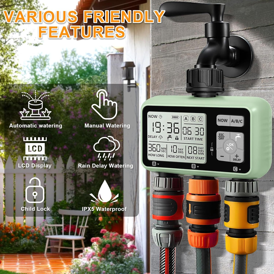 Automatischer Bewässerungstimer, Gartenbewässerungstimer mit LCD Display, 3 Strecken Wasserhahn Time