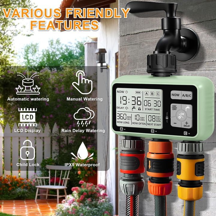Automatischer Bewässerungstimer, Gartenbewässerungstimer mit LCD Display, 3 Strecken Wasserhahn Time